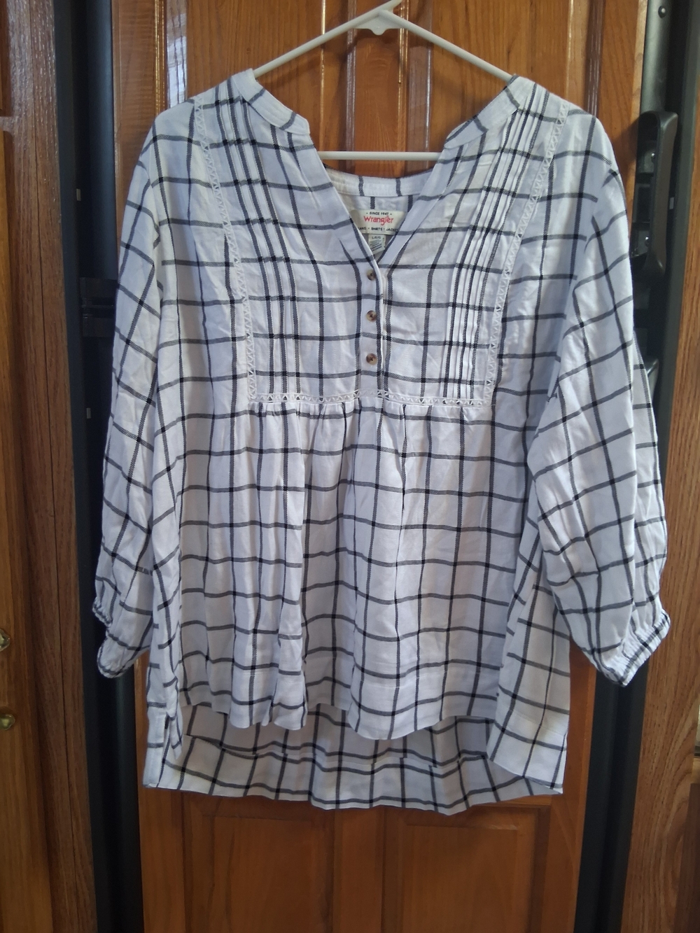 Wrangler White and Black Windowpane Check Peasant Blouse